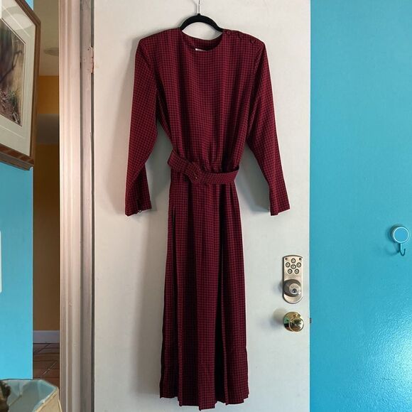 Talbots Womens 12 Vintage 1980’s Midi Houndstooth Check Red & Black Belted Dress - Picture 2 of 15